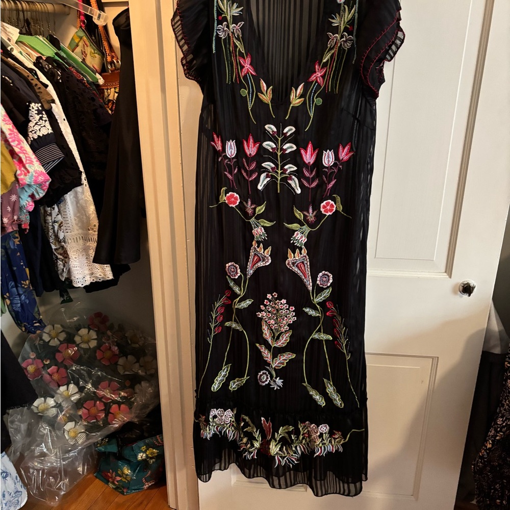 Anthropologie Floral Embroidered Black Dress